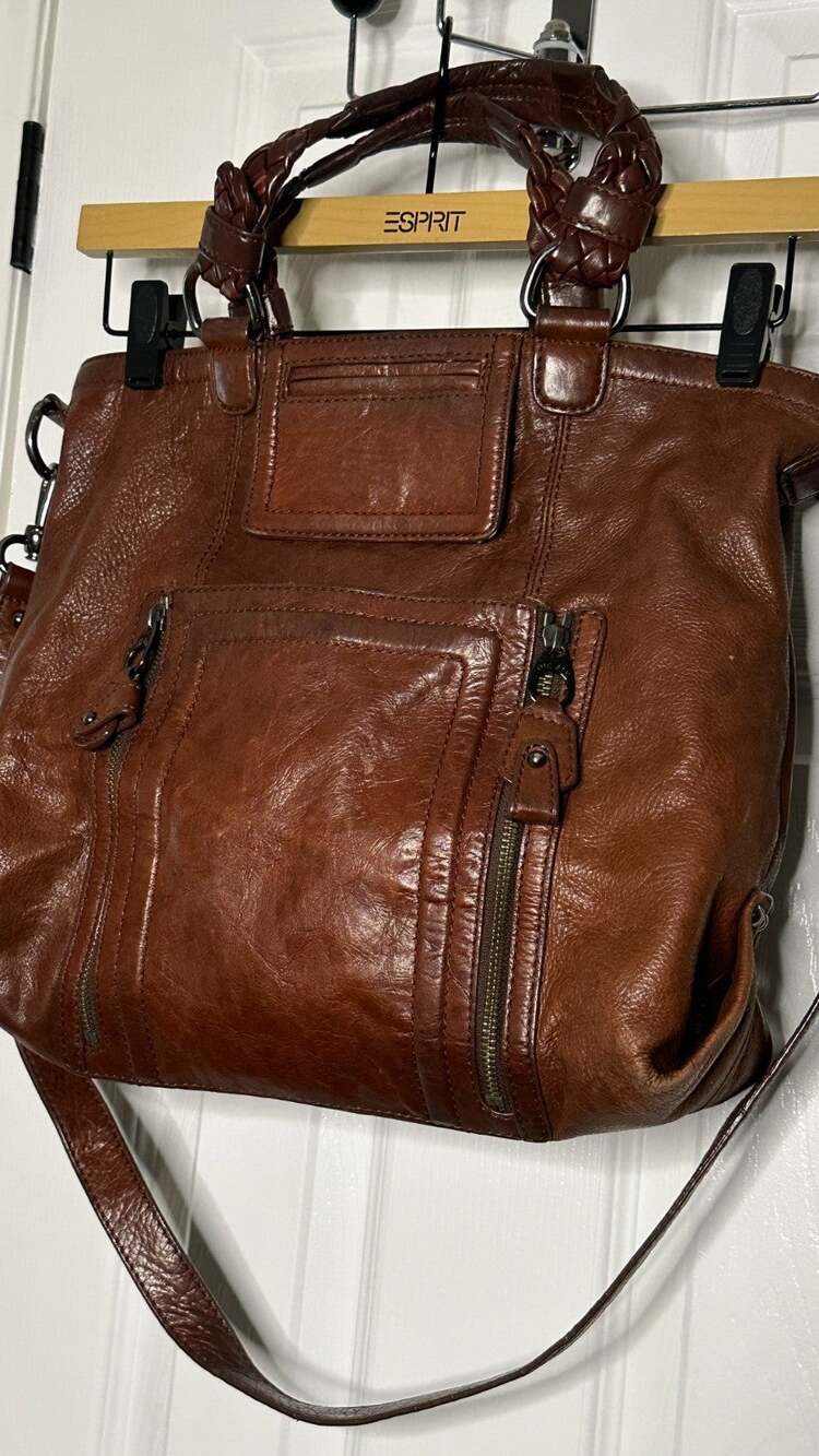 The Sak Brown Leather Satchel Handbag Braided Handles Crossbody Shoulder Bag